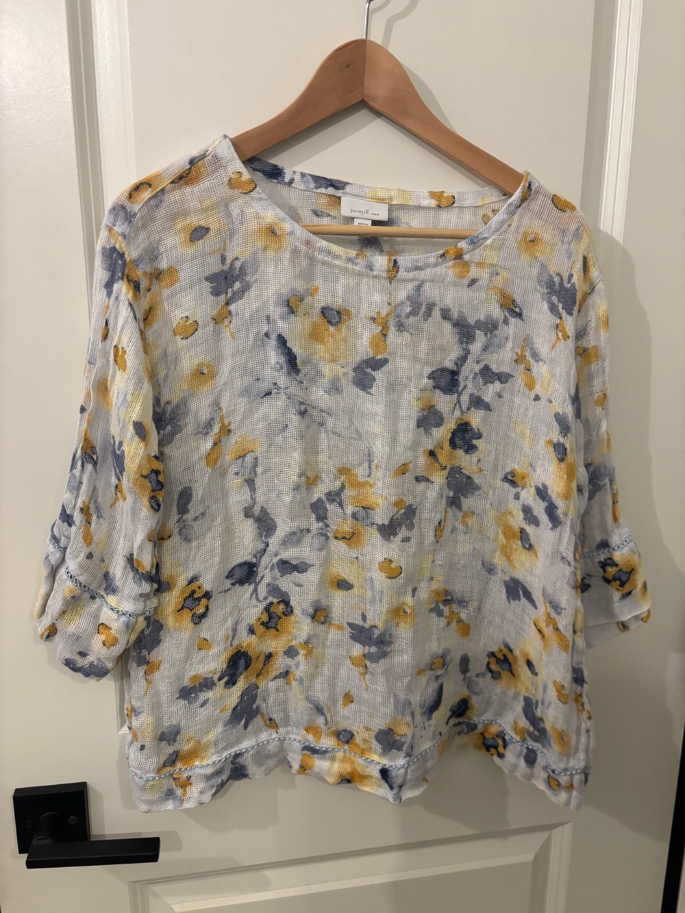 J Jill Linen Lightweight Floral Linen Blend Top - Yellow & Blue Size PS